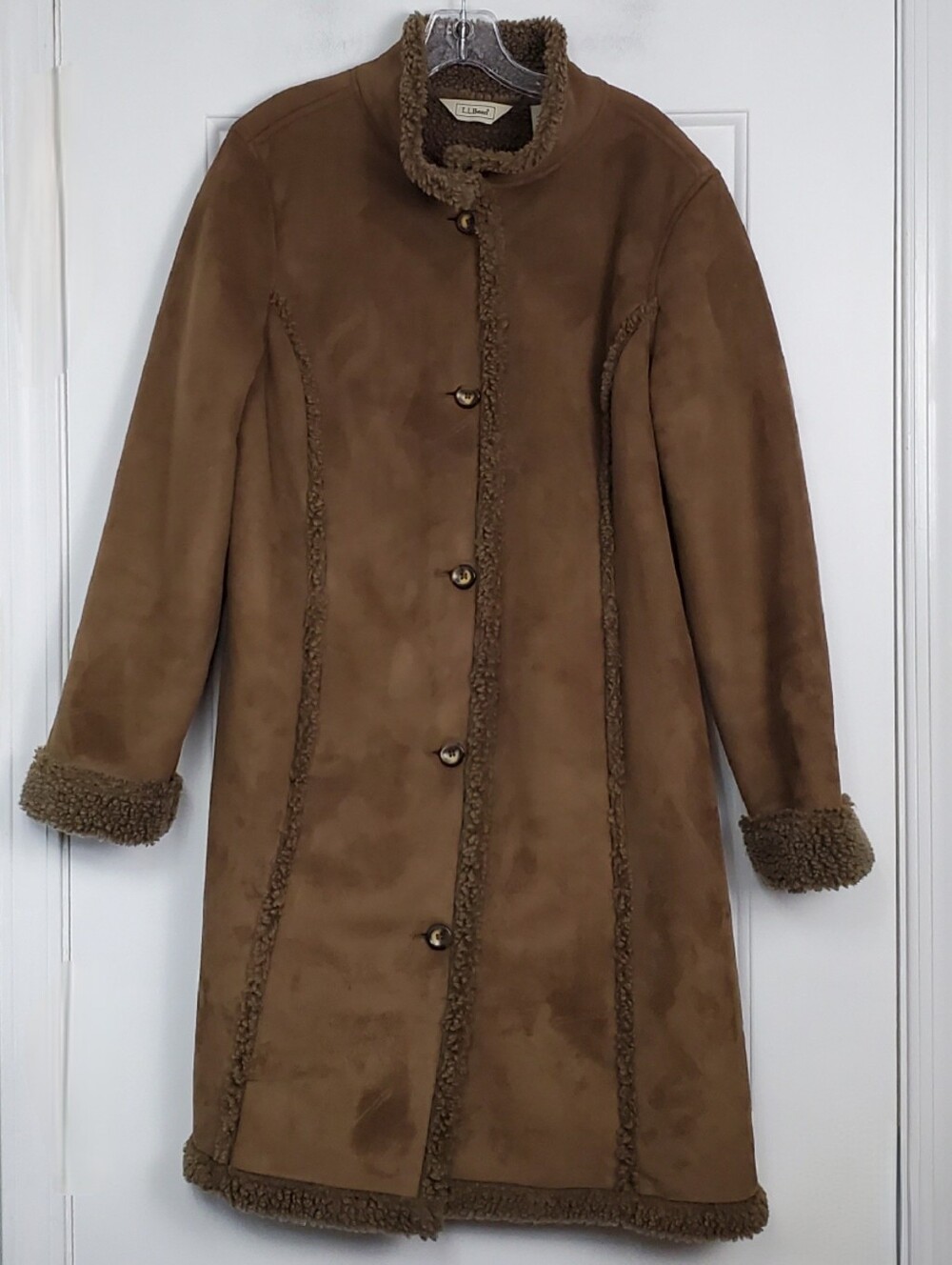 LL Bean Womens Dark Brown Faux Fur Sherpa Trench Coat Comfy - Size L - GUC